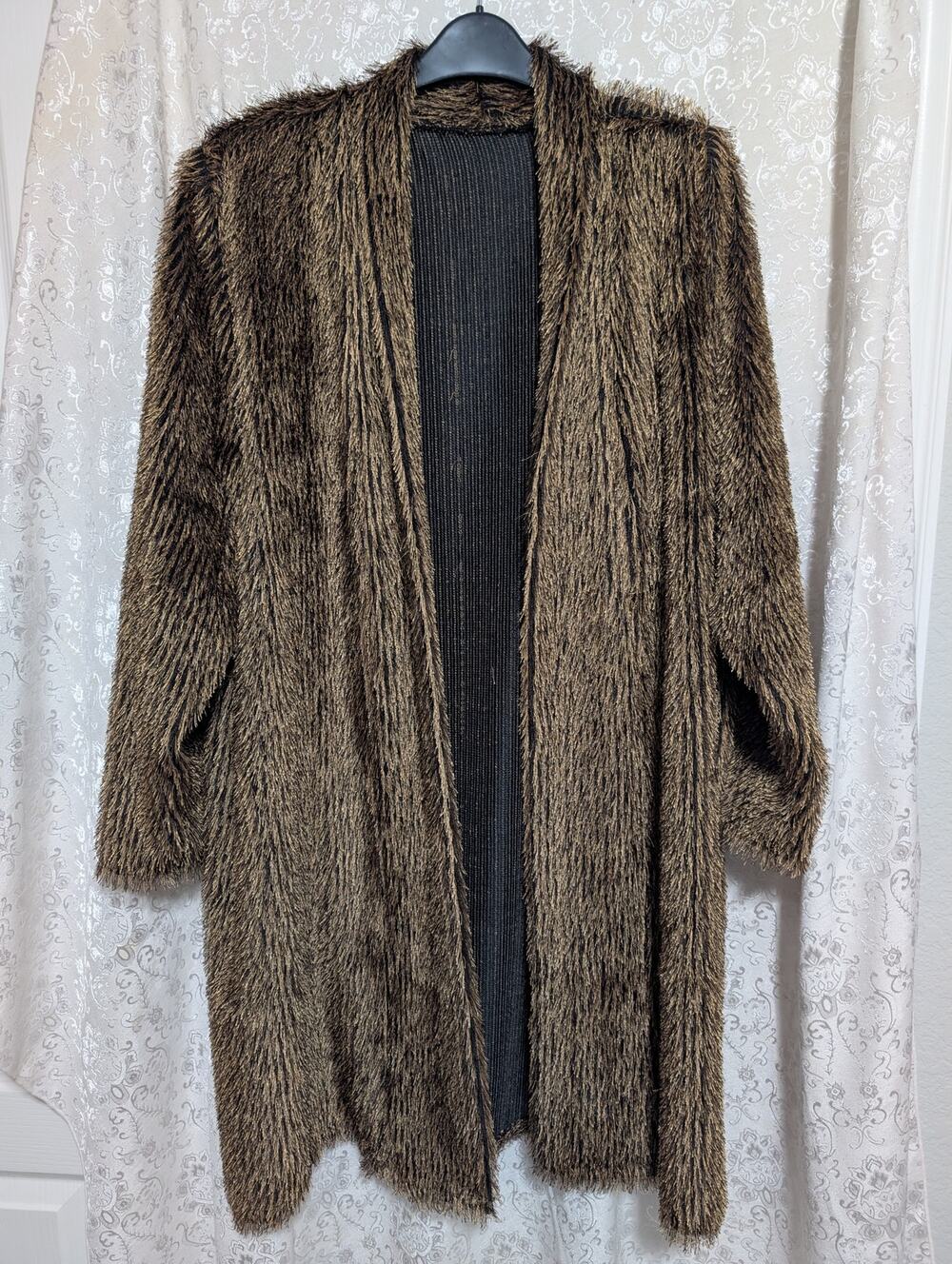 Vtg 80s Jackets Galore Bronze Shaggy Tinsel Knit Open Duster Cardigan Coat O/S